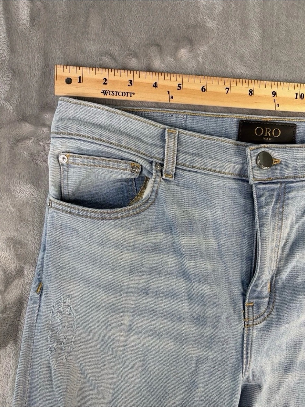 Oro Los Angeles Mens Jeans Sz 34x30 Distressed Ripped LightBlue Wash Broken Loop - Picture 8 of 11